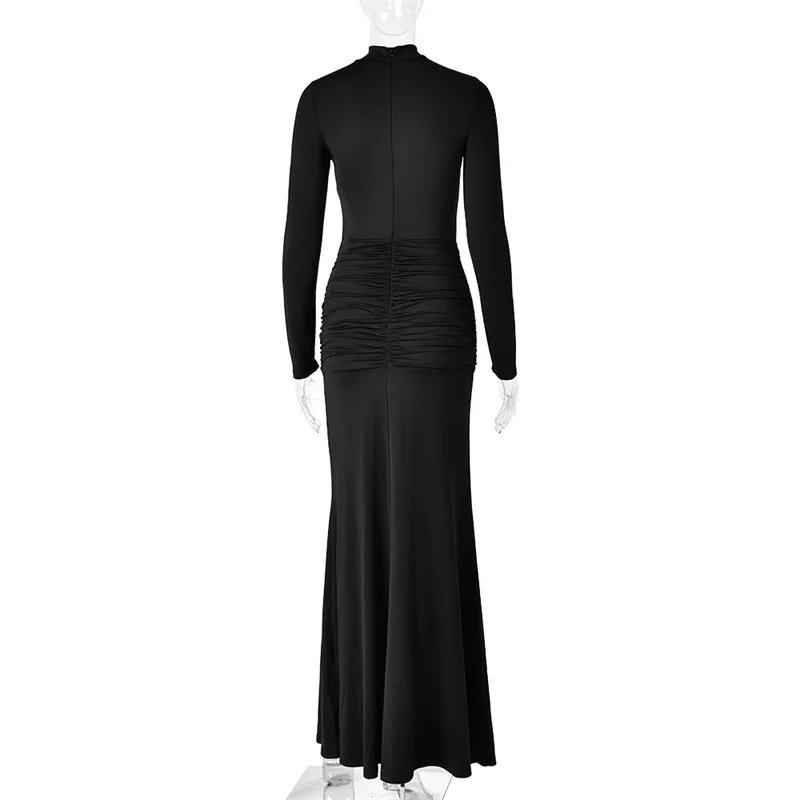Victorias Vogue High Neck Long Sleeve Mermaid Maxi Dress Women Slim Ruched Waist Bodycon Floor Length Evening Party Formal Dress