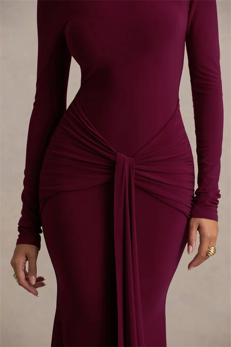 Victorias Vogue High Neck Long Sleeve Mermaid Maxi Dress Women Slim Ruched Waist Bodycon Floor Length Evening Party Formal Dress
