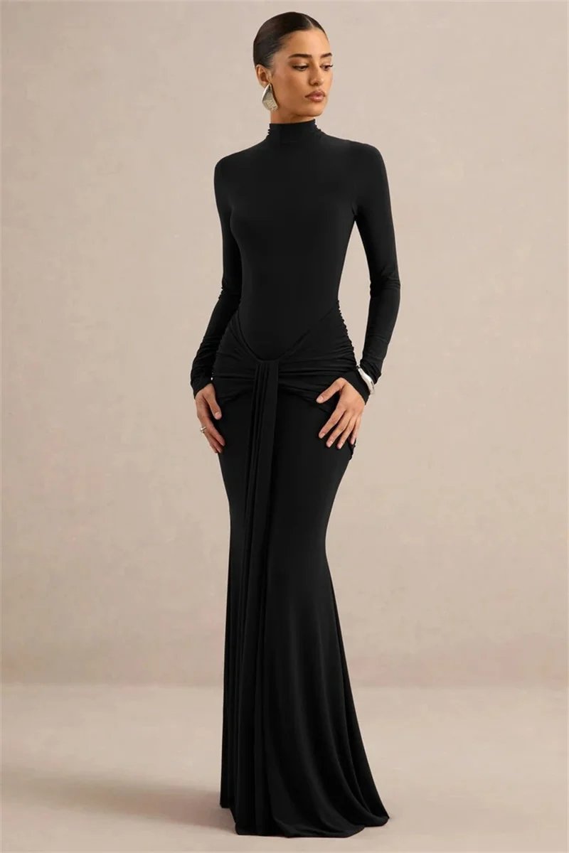 Victorias Vogue High Neck Long Sleeve Mermaid Maxi Dress Women Slim Ruched Waist Bodycon Floor Length Evening Party Formal Dress