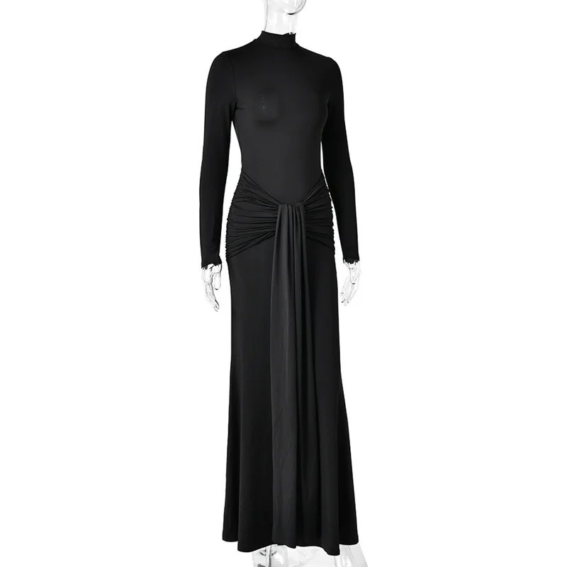 Victorias Vogue High Neck Long Sleeve Mermaid Maxi Dress Women Slim Ruched Waist Bodycon Floor Length Evening Party Formal Dress