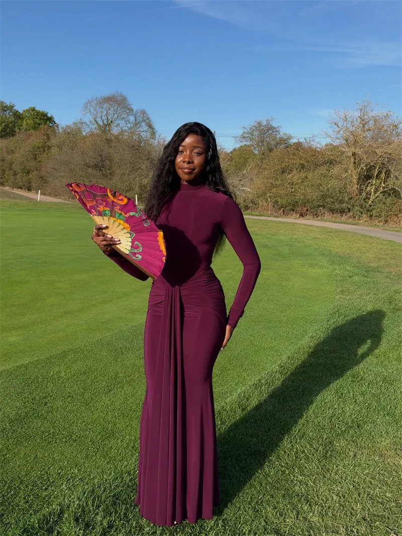 Victorias Vogue High Neck Long Sleeve Mermaid Maxi Dress Women Slim Ruched Waist Bodycon Floor Length Evening Party Formal Dress