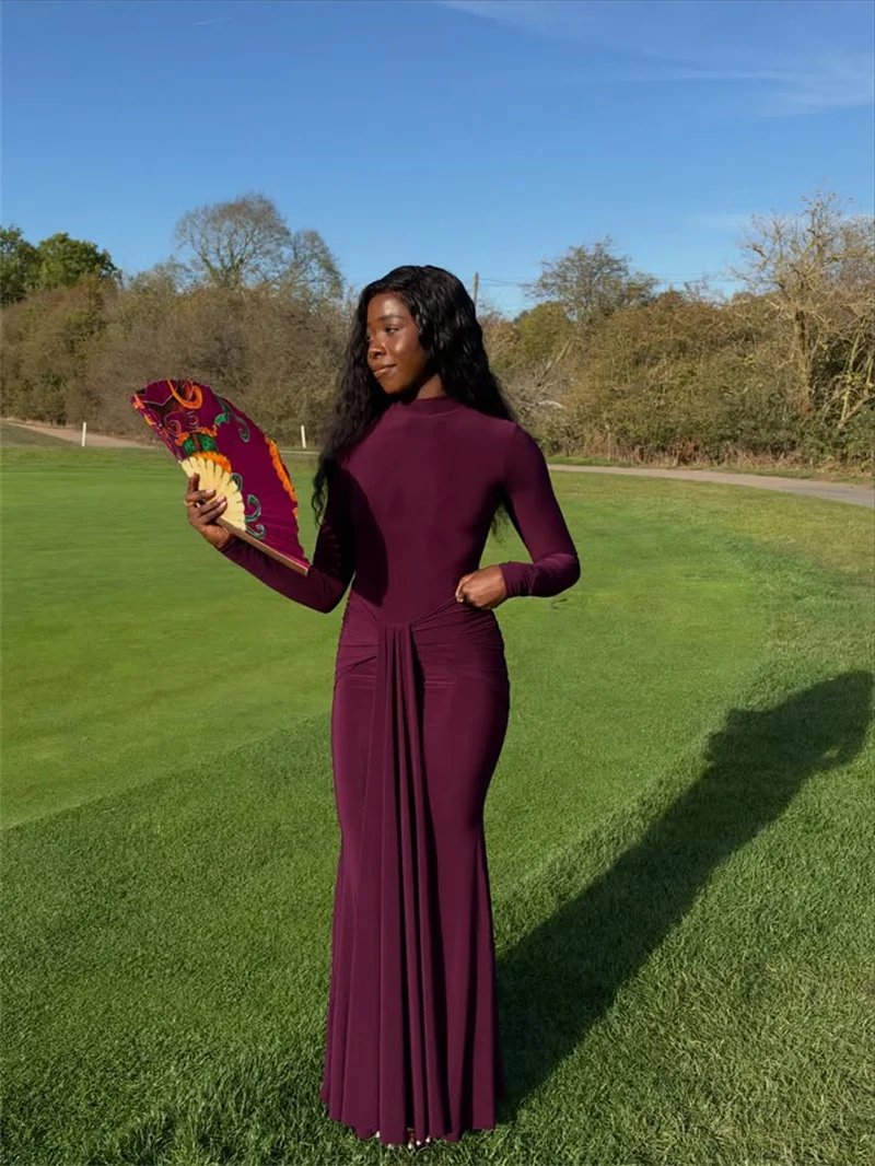 Victorias Vogue High Neck Long Sleeve Mermaid Maxi Dress Women Slim Ruched Waist Bodycon Floor Length Evening Party Formal Dress