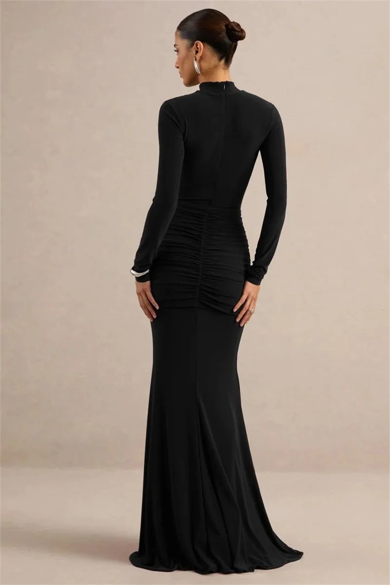 Victorias Vogue High Neck Long Sleeve Mermaid Maxi Dress Women Slim Ruched Waist Bodycon Floor Length Evening Party Formal Dress