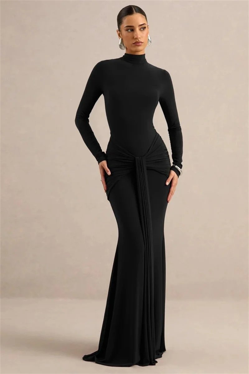 Victorias Vogue High Neck Long Sleeve Mermaid Maxi Dress Women Slim Ruched Waist Bodycon Floor Length Evening Party Formal Dress