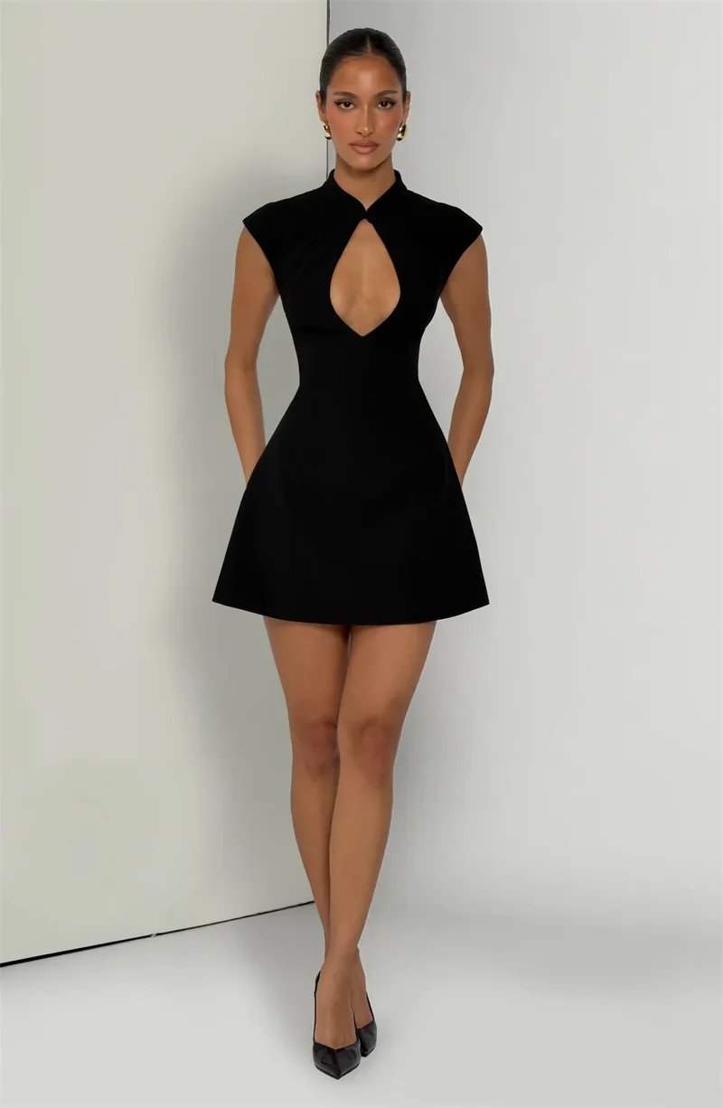 Victorias Vogue Women Cap Sleeve Sexy Mini Dress Stand Collar Cutout Front Lace Up Back Flared Dress A Line Party Cocktail Short Dress