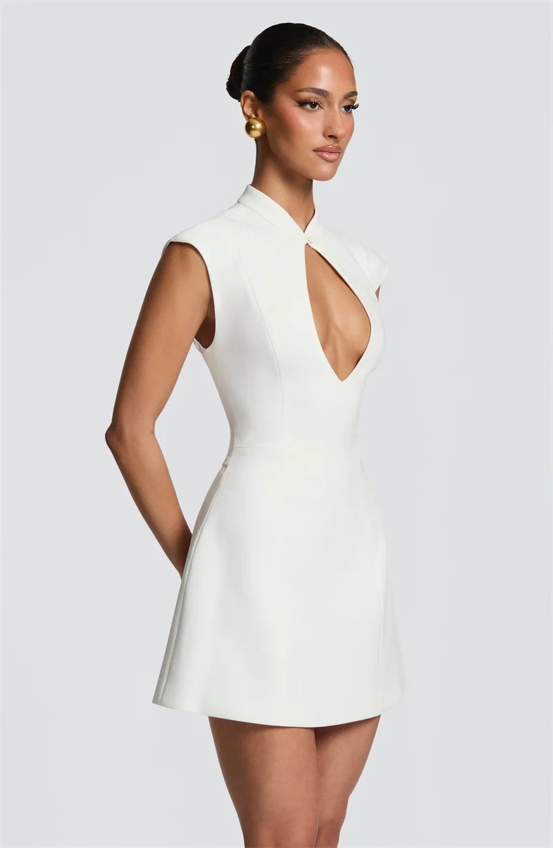 Victorias Vogue Women Cap Sleeve Sexy Mini Dress Stand Collar Cutout Front Lace Up Back Flared Dress A Line Party Cocktail Short Dress