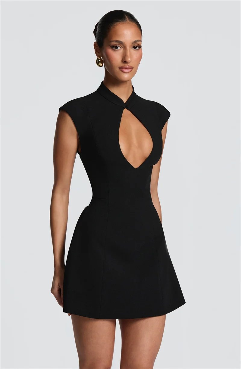 Victorias Vogue Women Cap Sleeve Sexy Mini Dress Stand Collar Cutout Front Lace Up Back Flared Dress A Line Party Cocktail Short Dress