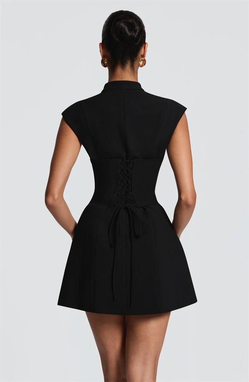 Victorias Vogue Women Cap Sleeve Sexy Mini Dress Stand Collar Cutout Front Lace Up Back Flared Dress A Line Party Cocktail Short Dress