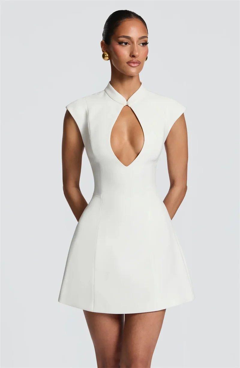 Victorias Vogue Women Cap Sleeve Sexy Mini Dress Stand Collar Cutout Front Lace Up Back Flared Dress A Line Party Cocktail Short Dress