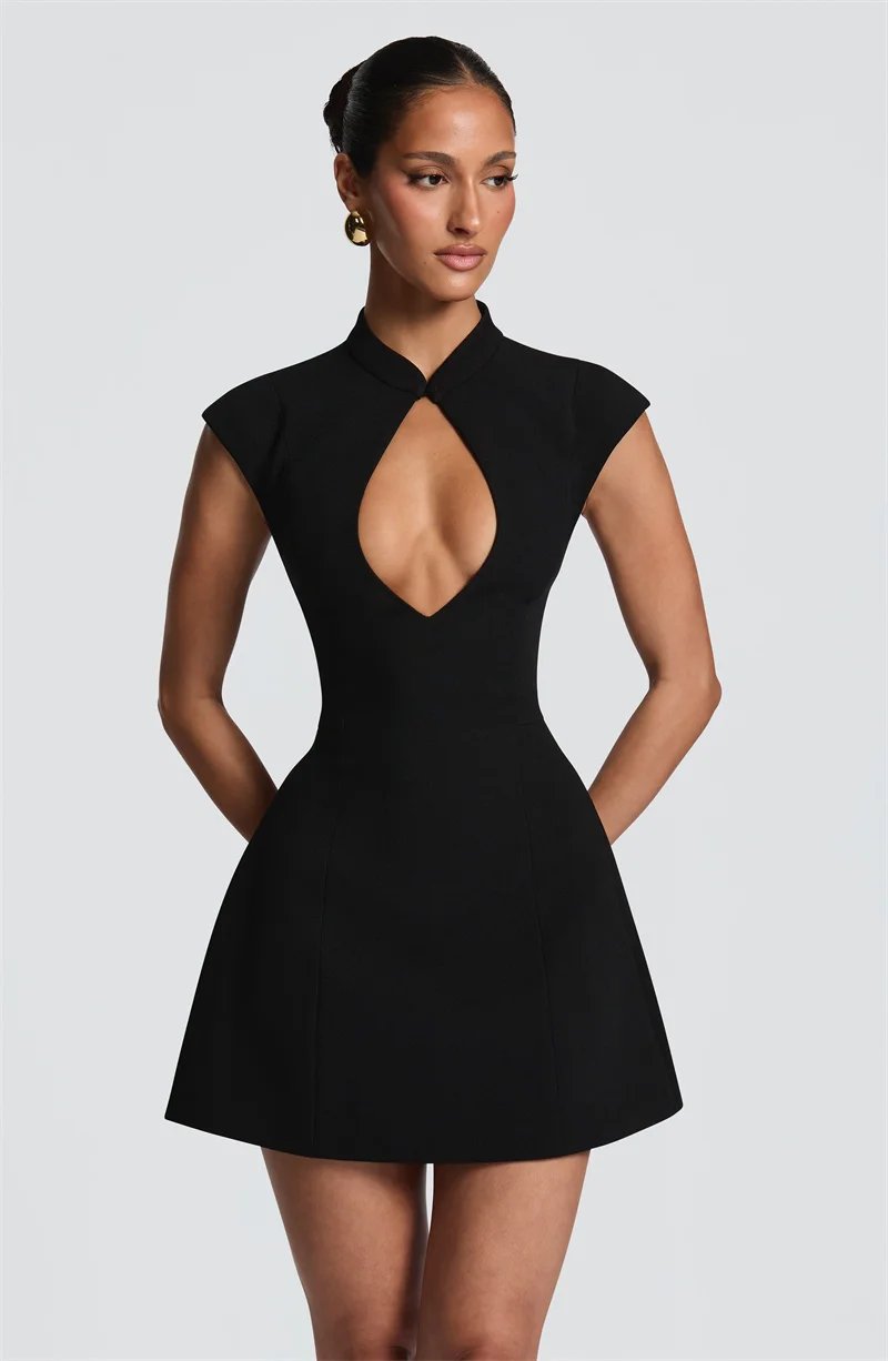 Victorias Vogue Women Cap Sleeve Sexy Mini Dress Stand Collar Cutout Front Lace Up Back Flared Dress A Line Party Cocktail Short Dress