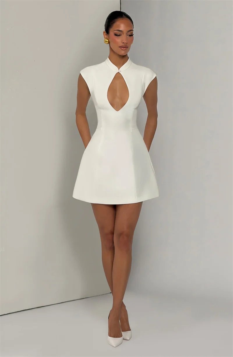 Victorias Vogue Women Cap Sleeve Sexy Mini Dress Stand Collar Cutout Front Lace Up Back Flared Dress A Line Party Cocktail Short Dress
