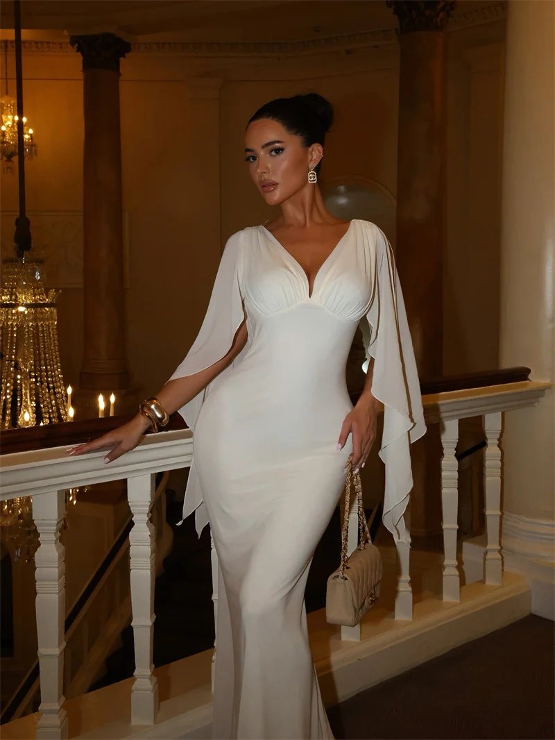 Victorias Vogue Women Deep V Neck Flutter Sleeve Maxi Dress Cape Sleeve Mermaid Evening Elegant Wedding Guest Long Party Dress Vestidos Victorias Vogue Women Deep V Neck Flutter Sleeve Maxi Dress Cape Sleeve Mermaid Evening Elegant Wedding Guest Long Party Dress Vestidos