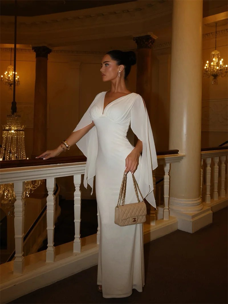 Victorias Vogue Women Deep V Neck Flutter Sleeve Maxi Dress Cape Sleeve Mermaid Evening Elegant Wedding Guest Long Party Dress Vestidos Victorias Vogue Women Deep V Neck Flutter Sleeve Maxi Dress Cape Sleeve Mermaid Evening Elegant Wedding Guest Long Party Dress Vestidos