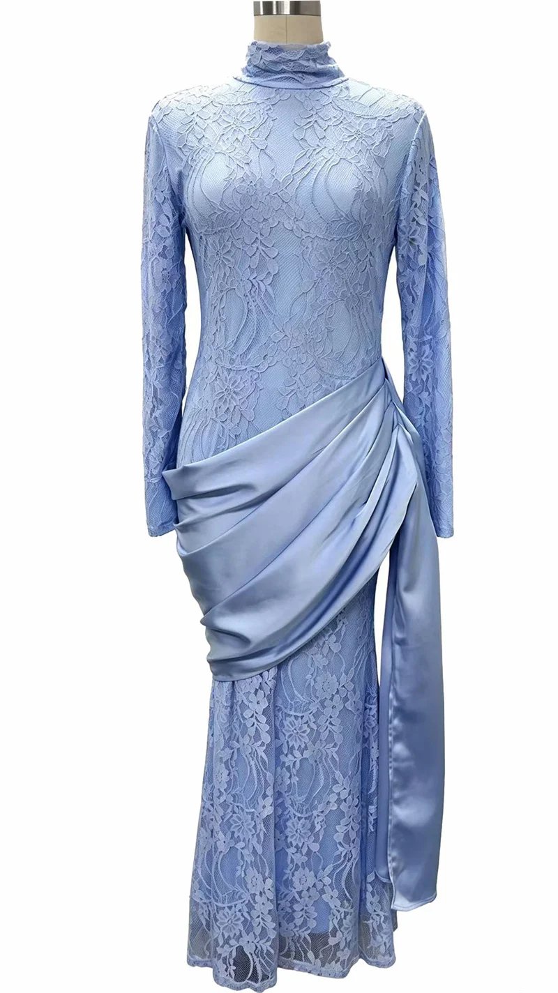 Victorias Vogue Women High Neck Long Sleeve Lace Sexy Maxi Dress Satin Drape Side Split Formal Evening Party Gown Wedding Guest Dress Victorias Vogue Women High Neck Long Sleeve Lace Sexy Maxi Dress Satin Drape Side Split Formal Evening Party Gown Wedding Guest Dress