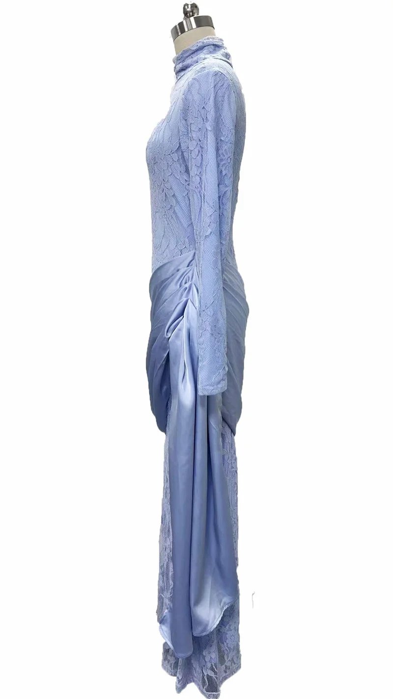 Victorias Vogue Women High Neck Long Sleeve Lace Sexy Maxi Dress Satin Drape Side Split Formal Evening Party Gown Wedding Guest Dress Victorias Vogue Women High Neck Long Sleeve Lace Sexy Maxi Dress Satin Drape Side Split Formal Evening Party Gown Wedding Guest Dress
