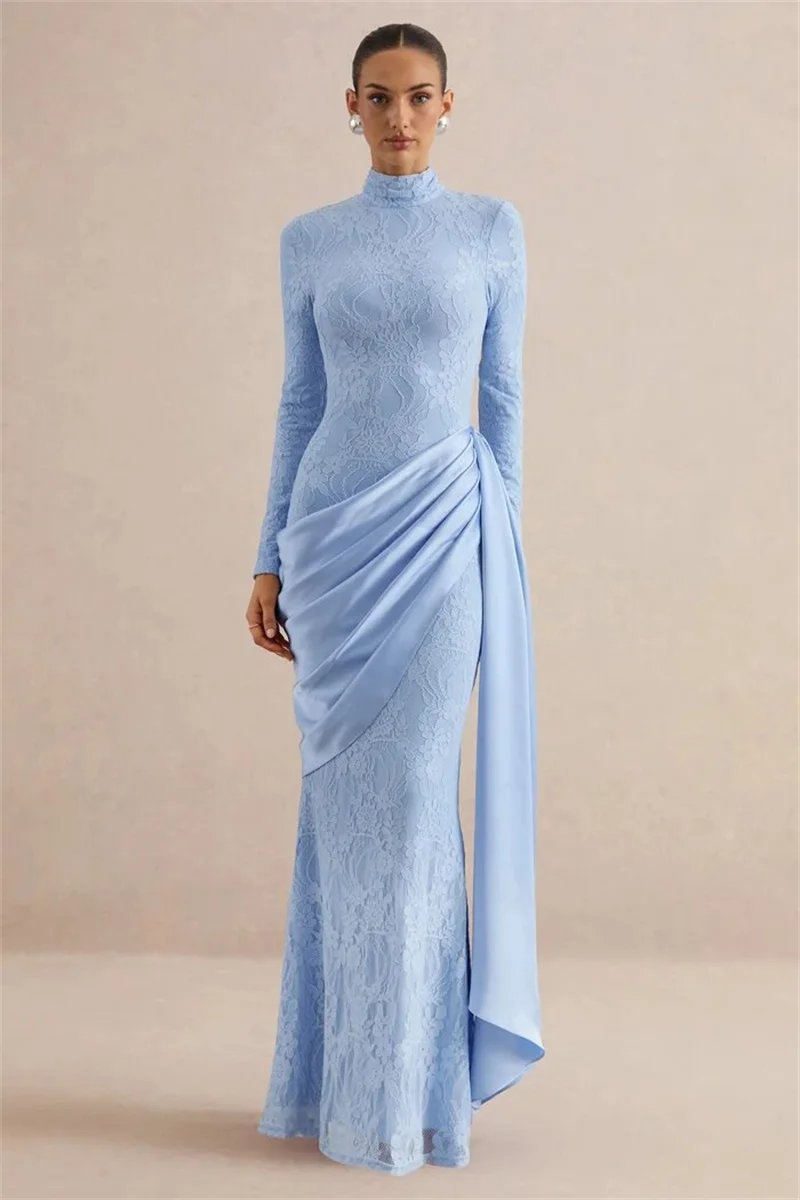 Victorias Vogue Women High Neck Long Sleeve Lace Sexy Maxi Dress Satin Drape Side Split Formal Evening Party Gown Wedding Guest Dress Victorias Vogue Women High Neck Long Sleeve Lace Sexy Maxi Dress Satin Drape Side Split Formal Evening Party Gown Wedding Guest Dress