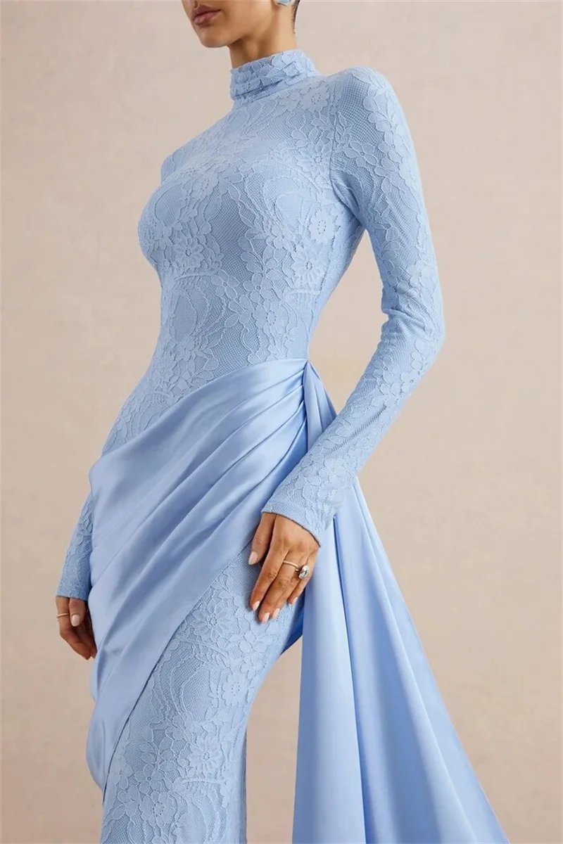 Victorias Vogue Women High Neck Long Sleeve Lace Sexy Maxi Dress Satin Drape Side Split Formal Evening Party Gown Wedding Guest Dress Victorias Vogue Women High Neck Long Sleeve Lace Sexy Maxi Dress Satin Drape Side Split Formal Evening Party Gown Wedding Guest Dress