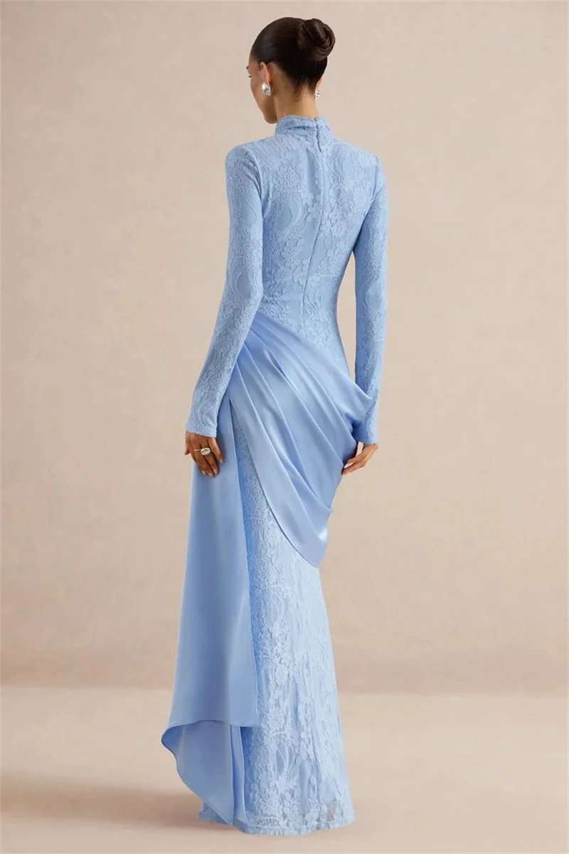 Victorias Vogue Women High Neck Long Sleeve Lace Sexy Maxi Dress Satin Drape Side Split Formal Evening Party Gown Wedding Guest Dress Victorias Vogue Women High Neck Long Sleeve Lace Sexy Maxi Dress Satin Drape Side Split Formal Evening Party Gown Wedding Guest Dress