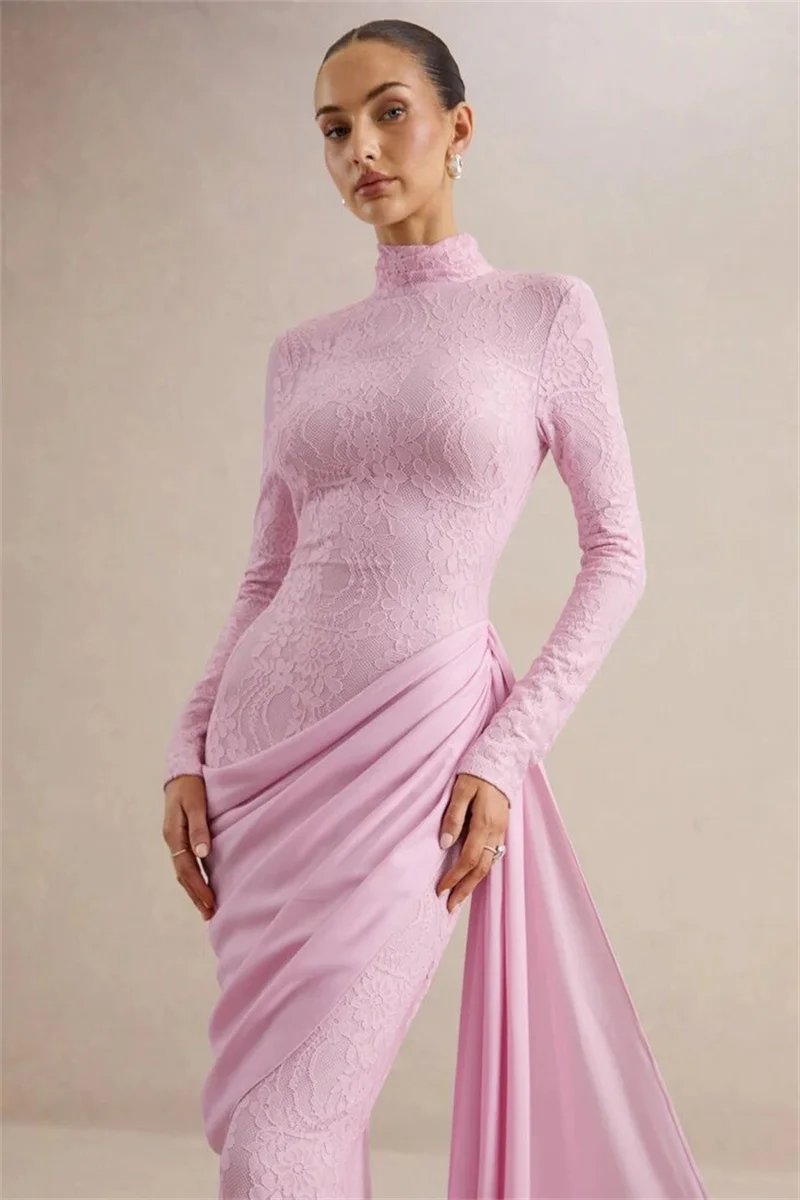 Victorias Vogue Women High Neck Long Sleeve Lace Sexy Maxi Dress Satin Drape Side Split Formal Evening Party Gown Wedding Guest Dress Victorias Vogue Women High Neck Long Sleeve Lace Sexy Maxi Dress Satin Drape Side Split Formal Evening Party Gown Wedding Guest Dress