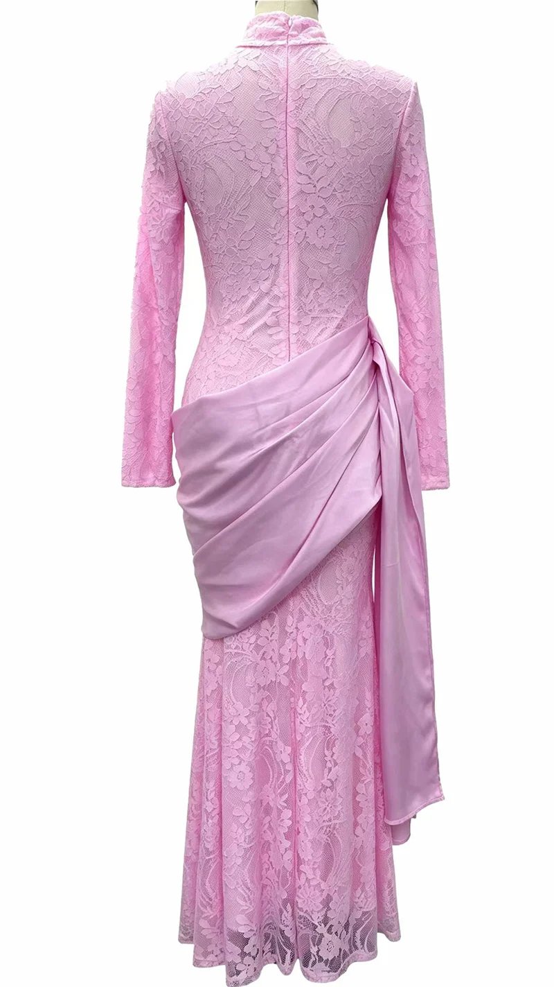 Victorias Vogue Women High Neck Long Sleeve Lace Sexy Maxi Dress Satin Drape Side Split Formal Evening Party Gown Wedding Guest Dress Victorias Vogue Women High Neck Long Sleeve Lace Sexy Maxi Dress Satin Drape Side Split Formal Evening Party Gown Wedding Guest Dress