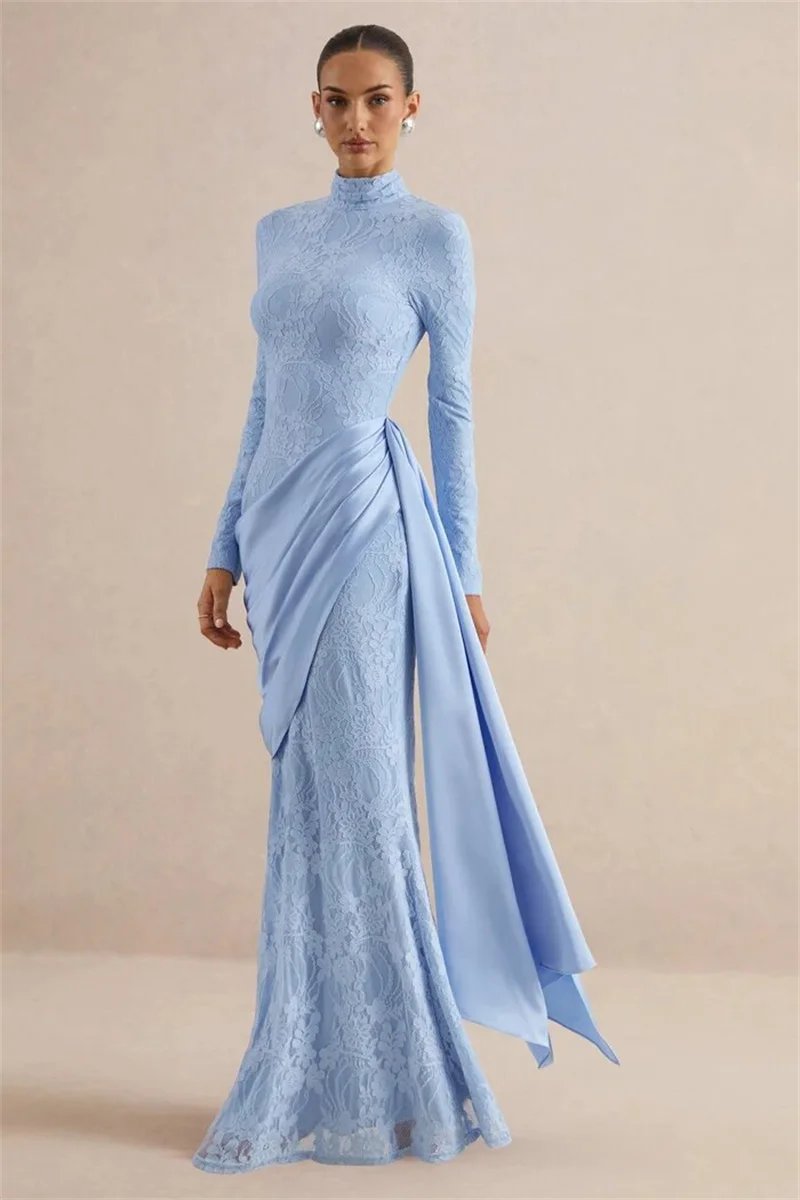 Victorias Vogue Women High Neck Long Sleeve Lace Sexy Maxi Dress Satin Drape Side Split Formal Evening Party Gown Wedding Guest Dress Victorias Vogue Women High Neck Long Sleeve Lace Sexy Maxi Dress Satin Drape Side Split Formal Evening Party Gown Wedding Guest Dress