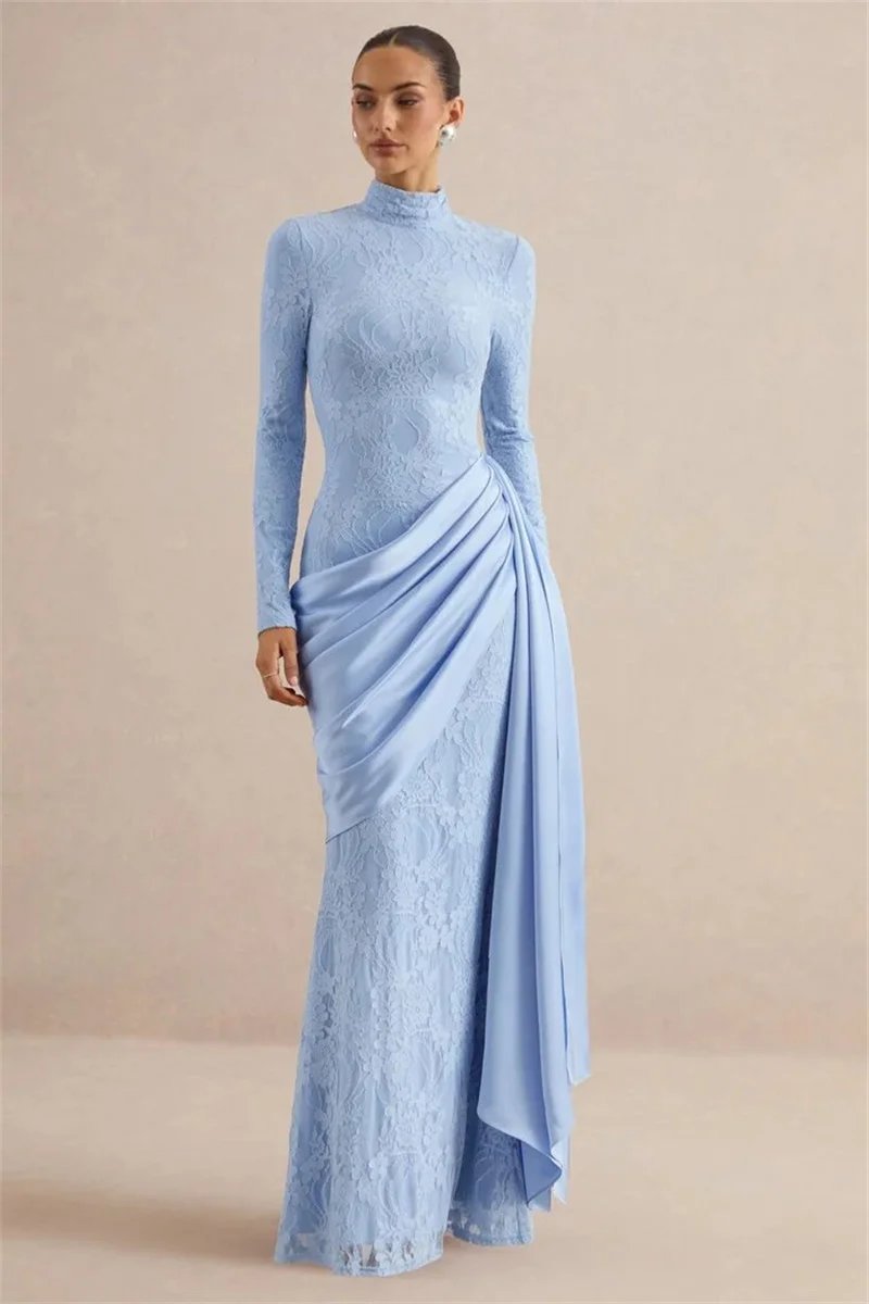 Victorias Vogue Women High Neck Long Sleeve Lace Sexy Maxi Dress Satin Drape Side Split Formal Evening Party Gown Wedding Guest Dress Victorias Vogue Women High Neck Long Sleeve Lace Sexy Maxi Dress Satin Drape Side Split Formal Evening Party Gown Wedding Guest Dress