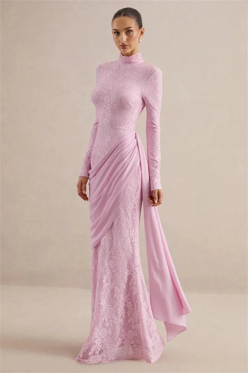Victorias Vogue Women High Neck Long Sleeve Lace Sexy Maxi Dress Satin Drape Side Split Formal Evening Party Gown Wedding Guest Dress Victorias Vogue Women High Neck Long Sleeve Lace Sexy Maxi Dress Satin Drape Side Split Formal Evening Party Gown Wedding Guest Dress
