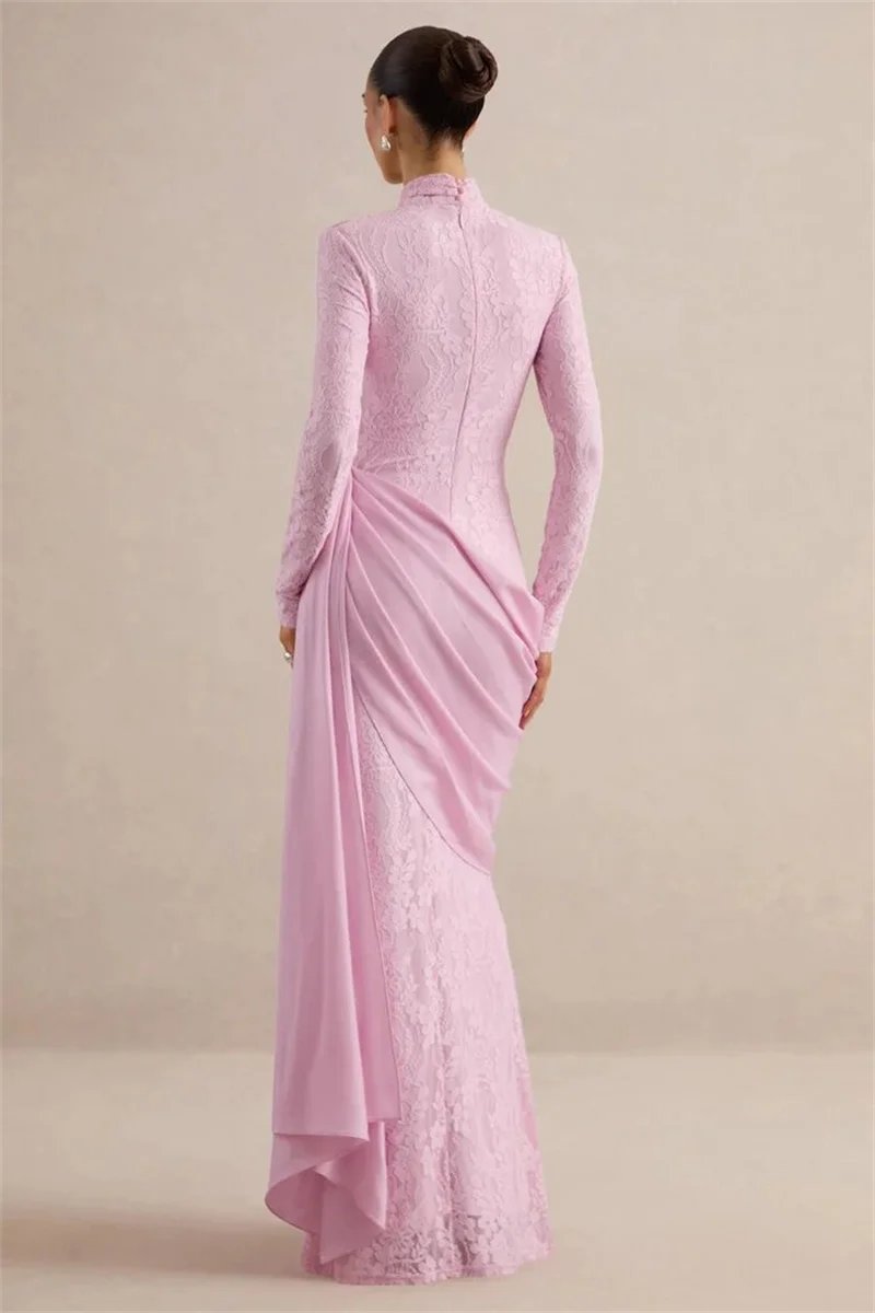 Victorias Vogue Women High Neck Long Sleeve Lace Sexy Maxi Dress Satin Drape Side Split Formal Evening Party Gown Wedding Guest Dress Victorias Vogue Women High Neck Long Sleeve Lace Sexy Maxi Dress Satin Drape Side Split Formal Evening Party Gown Wedding Guest Dress