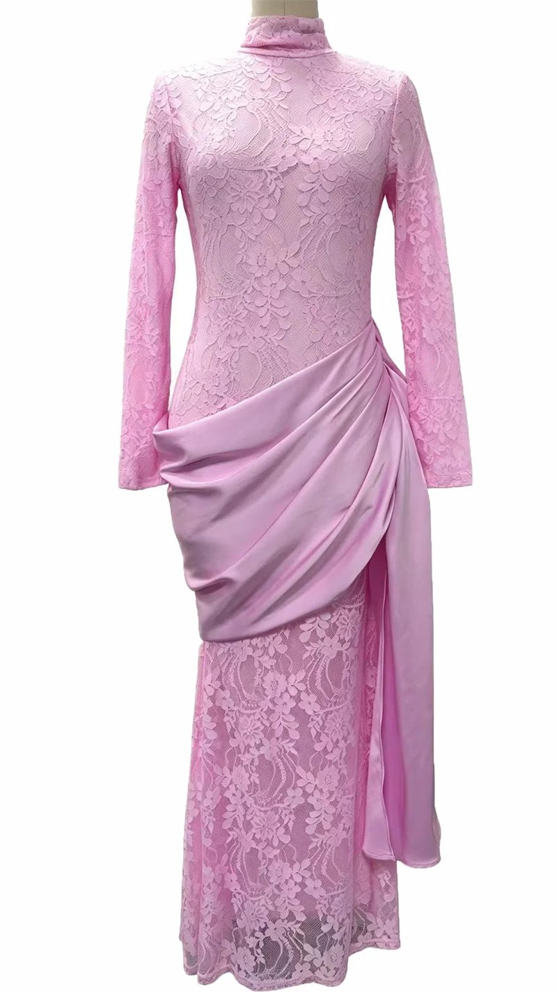 Victorias Vogue Women High Neck Long Sleeve Lace Sexy Maxi Dress Satin Drape Side Split Formal Evening Party Gown Wedding Guest Dress Victorias Vogue Women High Neck Long Sleeve Lace Sexy Maxi Dress Satin Drape Side Split Formal Evening Party Gown Wedding Guest Dress