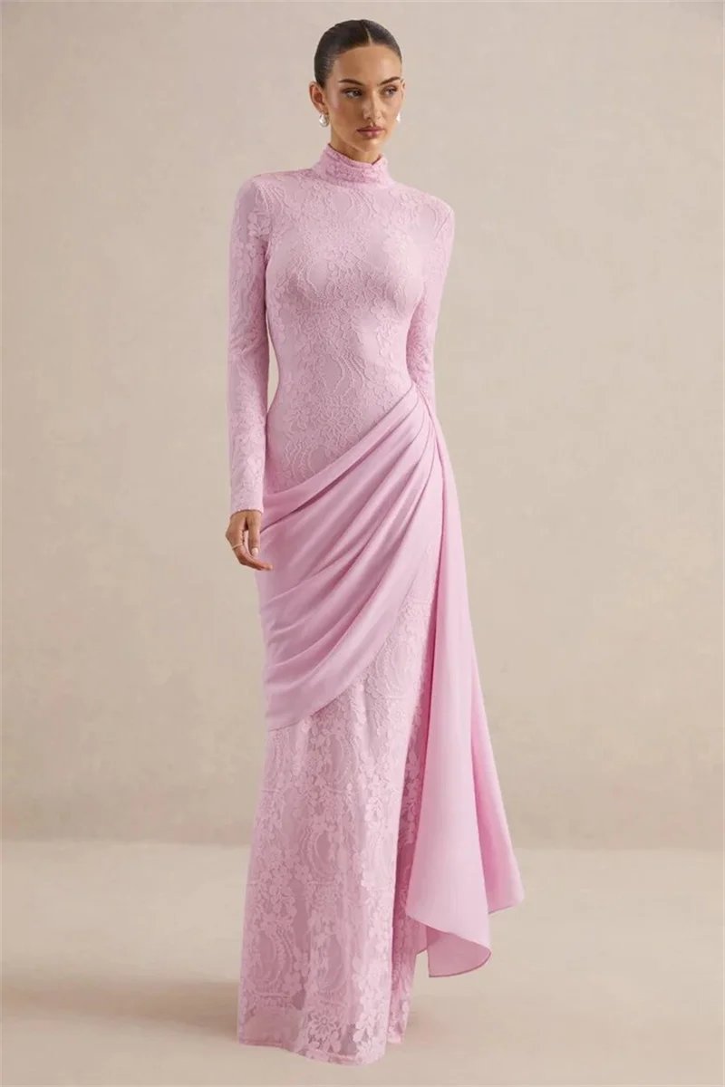 Victorias Vogue Women High Neck Long Sleeve Lace Sexy Maxi Dress Satin Drape Side Split Formal Evening Party Gown Wedding Guest Dress Victorias Vogue Women High Neck Long Sleeve Lace Sexy Maxi Dress Satin Drape Side Split Formal Evening Party Gown Wedding Guest Dress