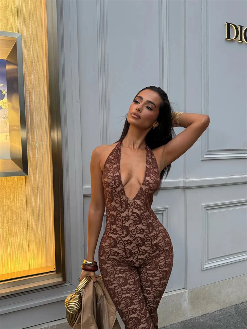 Victorias Vogue  Summer Lace Sexy Jumpsuit Women Playsuit Elegant Halter V Neck Sleeveless Backless Skinny Beach Club Party Jumpsuit