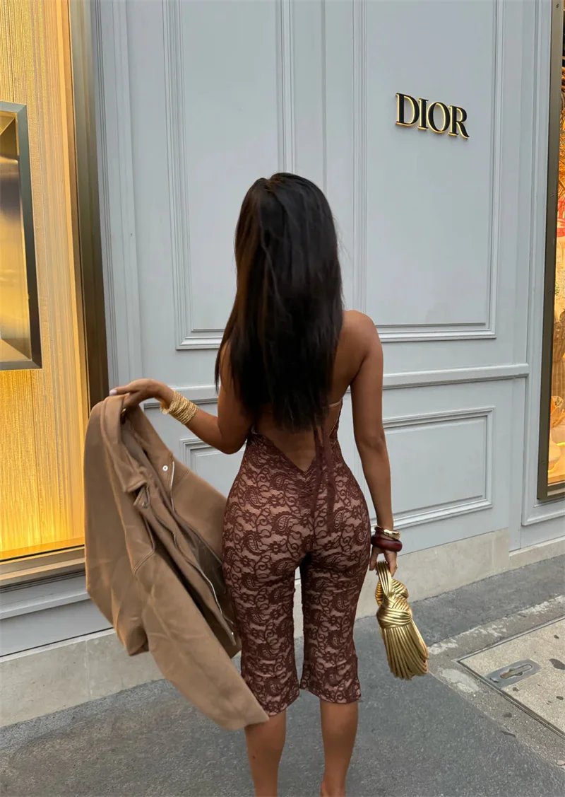 Victorias Vogue  Summer Lace Sexy Jumpsuit Women Playsuit Elegant Halter V Neck Sleeveless Backless Skinny Beach Club Party Jumpsuit
