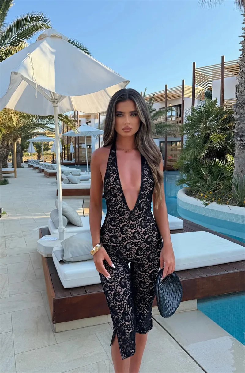 Victorias Vogue  Summer Lace Sexy Jumpsuit Women Playsuit Elegant Halter V Neck Sleeveless Backless Skinny Beach Club Party Jumpsuit