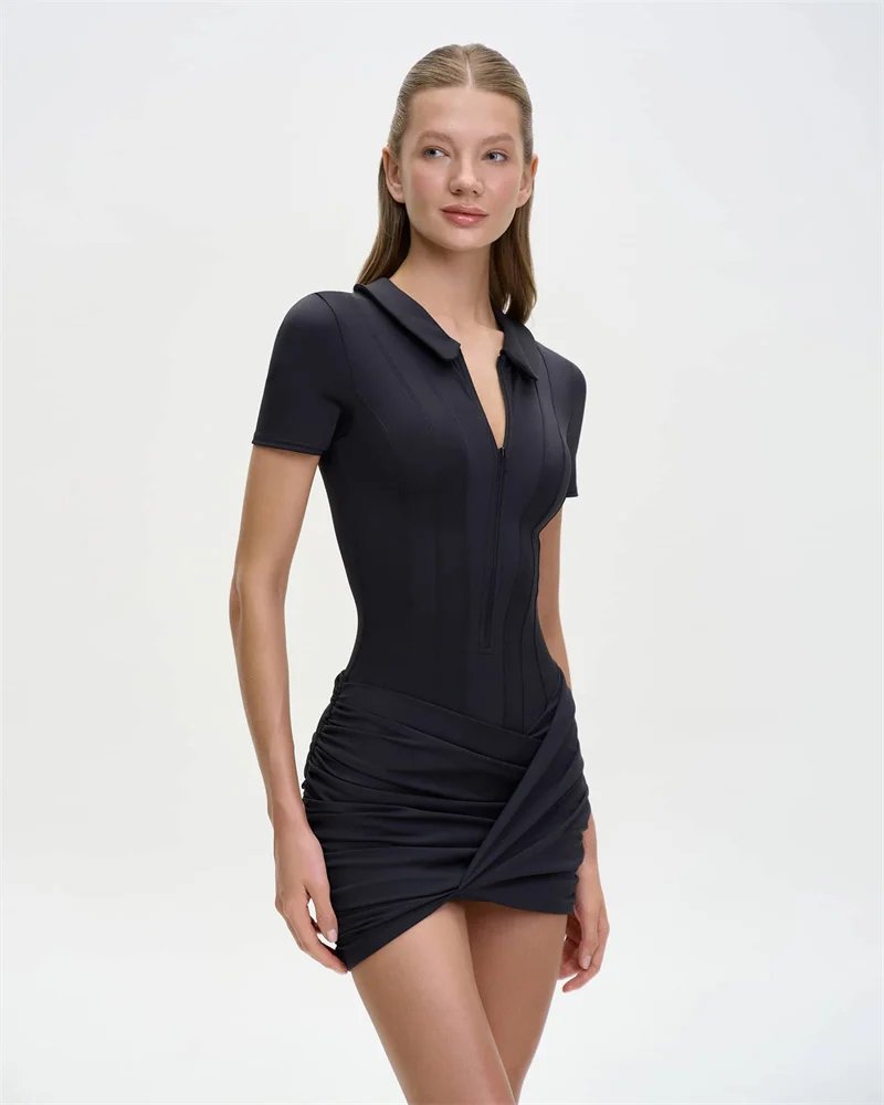 Victorias Vogue  Short Sleeve Zipper Sports Playsuits Women Rompers Summer Casual Draped Ruched Slim Fit Fitness Playsuit Female 2026