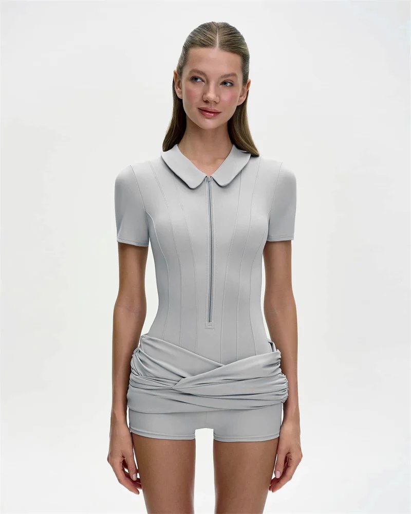 Victorias Vogue  Short Sleeve Zipper Sports Playsuits Women Rompers Summer Casual Draped Ruched Slim Fit Fitness Playsuit Female 2026
