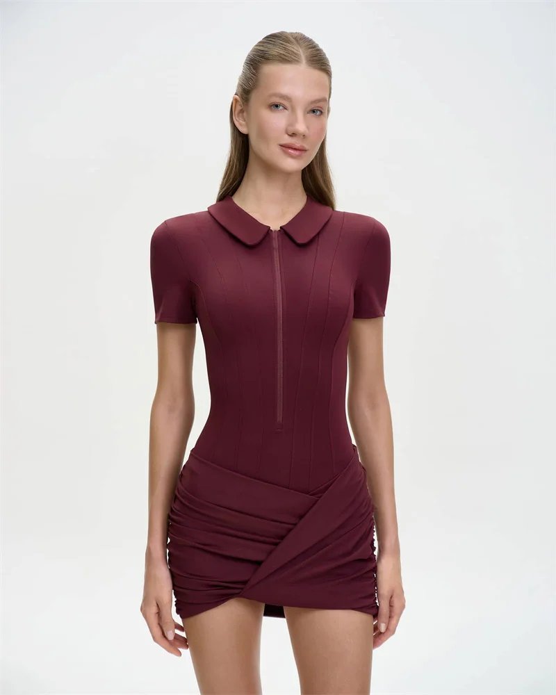 Victorias Vogue  Short Sleeve Zipper Sports Playsuits Women Rompers Summer Casual Draped Ruched Slim Fit Fitness Playsuit Female 2026