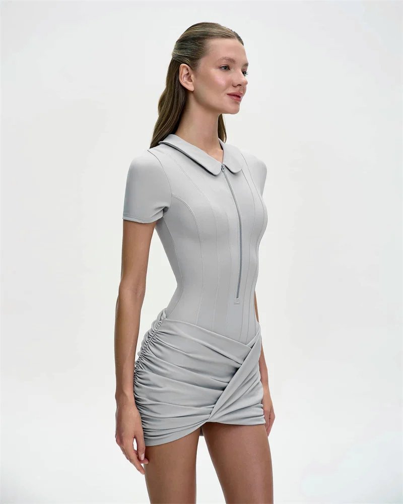 Victorias Vogue  Short Sleeve Zipper Sports Playsuits Women Rompers Summer Casual Draped Ruched Slim Fit Fitness Playsuit Female 2026