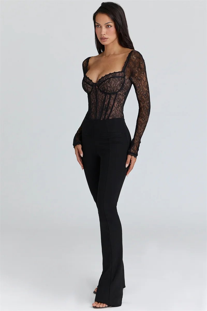 Victorias Vogue Lace Long Sleeve Backless Sexy Bodysuit Women Tops Black Square Collar Skinny Bodysuits T-shirt Club Party Bodysuit