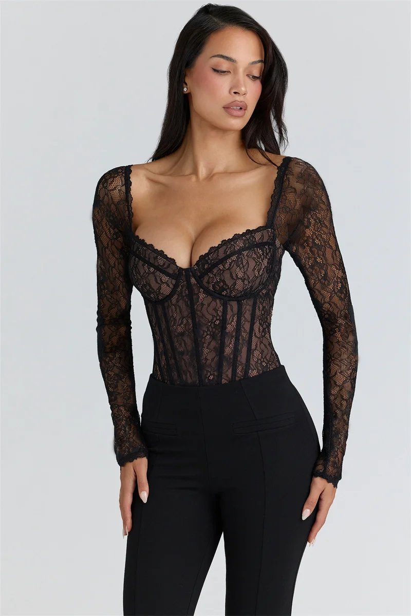 Victorias Vogue Lace Long Sleeve Backless Sexy Bodysuit Women Tops Black Square Collar Skinny Bodysuits T-shirt Club Party Bodysuit