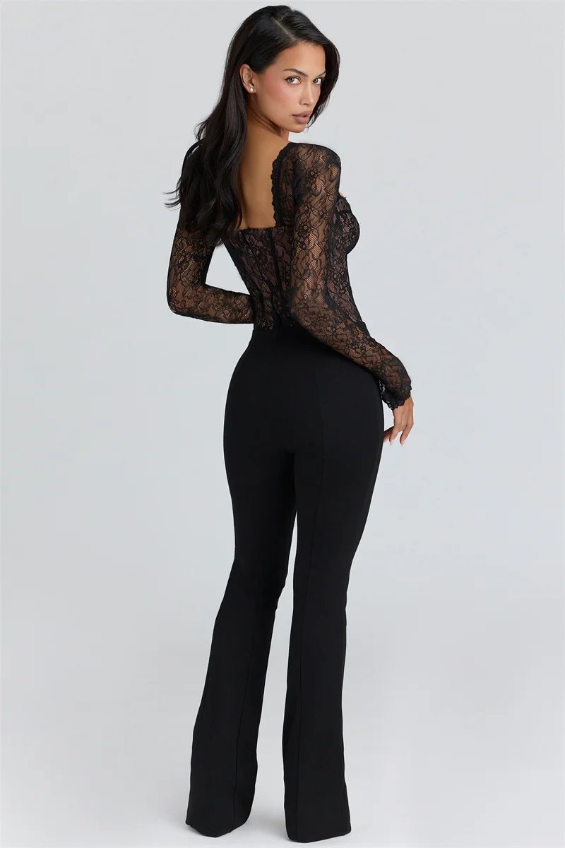 Victorias Vogue Lace Long Sleeve Backless Sexy Bodysuit Women Tops Black Square Collar Skinny Bodysuits T-shirt Club Party Bodysuit