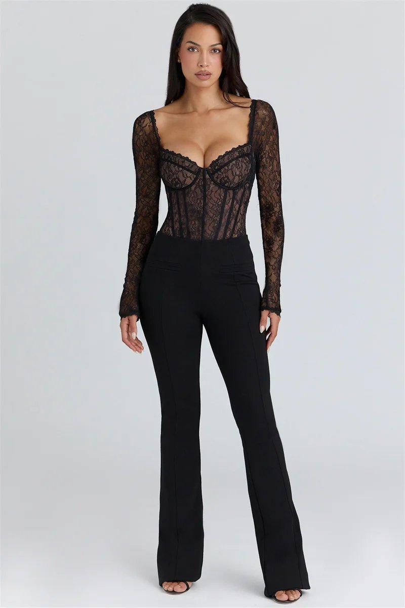 Victorias Vogue Lace Long Sleeve Backless Sexy Bodysuit Women Tops Black Square Collar Skinny Bodysuits T-shirt Club Party Bodysuit
