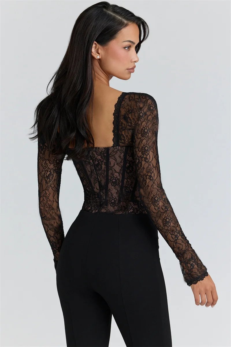 Victorias Vogue Lace Long Sleeve Backless Sexy Bodysuit Women Tops Black Square Collar Skinny Bodysuits T-shirt Club Party Bodysuit
