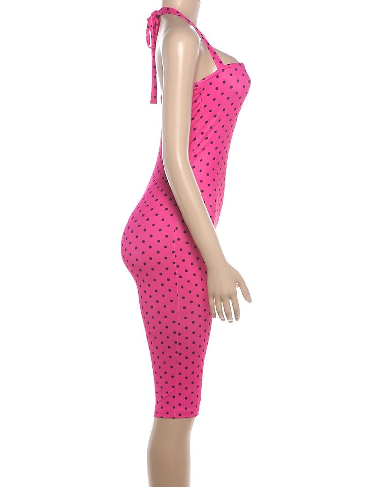 Victoria'S Vogue Weird Puss Sexy Backless Rompers Woman Polka Dot Print Bandage Halter Sleeveless Skinny Peach Hip High Street Fashion Playsuits