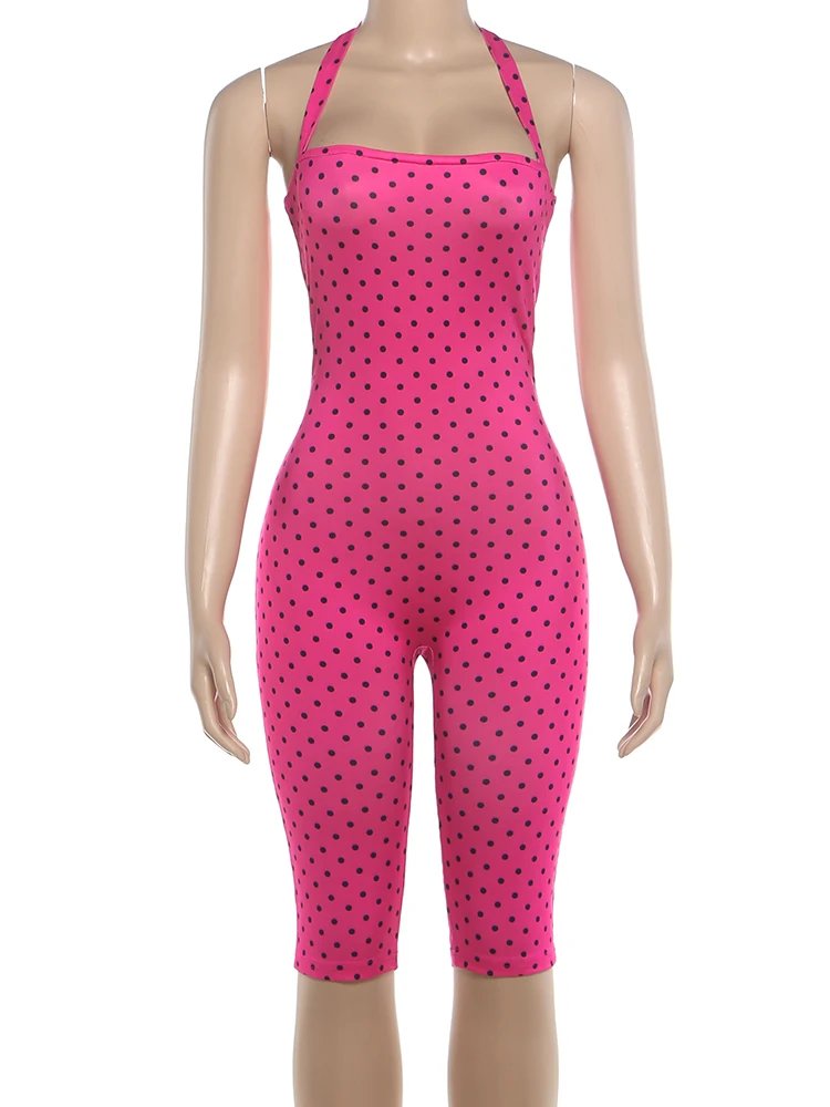 Victoria'S Vogue Weird Puss Sexy Backless Rompers Woman Polka Dot Print Bandage Halter Sleeveless Skinny Peach Hip High Street Fashion Playsuits