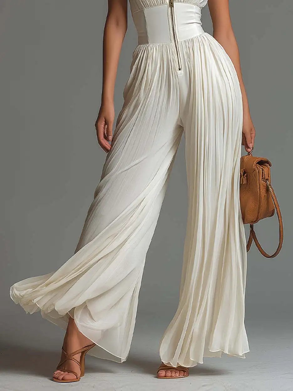 Victoria'S Vogue Sexy Deep V Neck Hollow Zip Jumpsuit Women's Spring Solid High Waist Wide Leg Romper Summer Sleeveless Pleated Vacation Overalls