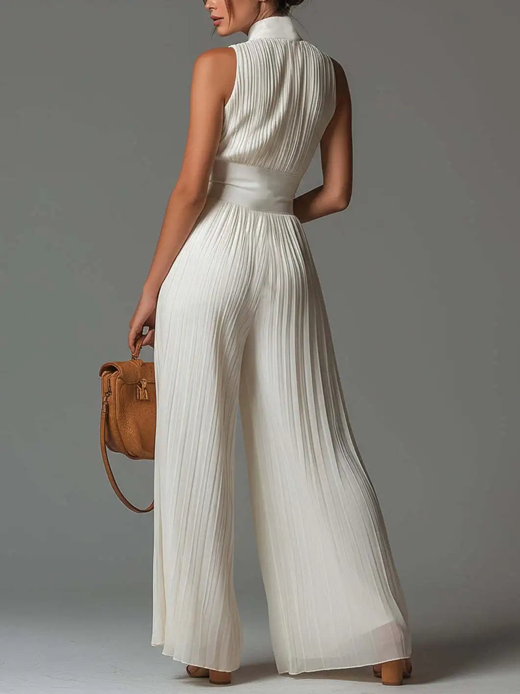Victoria'S Vogue Sexy Deep V Neck Hollow Zip Jumpsuit Women's Spring Solid High Waist Wide Leg Romper Summer Sleeveless Pleated Vacation Overalls