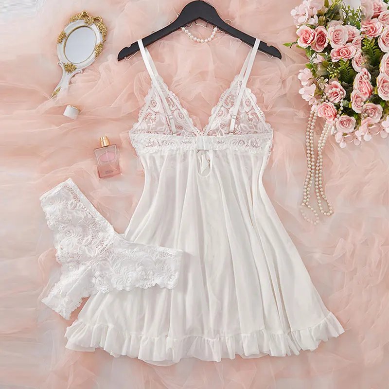 Victoria's Vogue Suspender Suit Summer Ultra-thin Nightgown Lace Thong Sets Women's Sexy Pyjamas Lingerie Hot Night Dress Comfortable Sleepwear