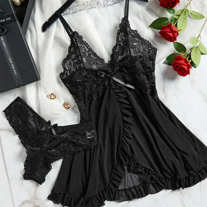 Victoria's Vogue Suspender Suit Summer Ultra-thin Nightgown Lace Thong Sets Women's Sexy Pyjamas Lingerie Hot Night Dress Comfortable Sleepwear