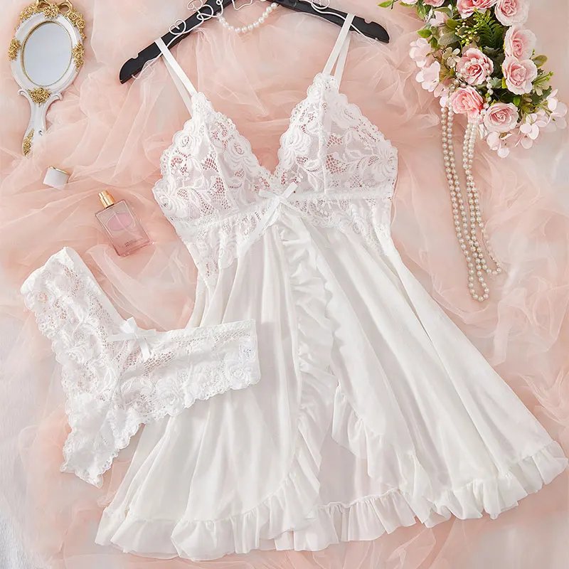 Victoria's Vogue Suspender Suit Summer Ultra-thin Nightgown Lace Thong Sets Women's Sexy Pyjamas Lingerie Hot Night Dress Comfortable Sleepwear