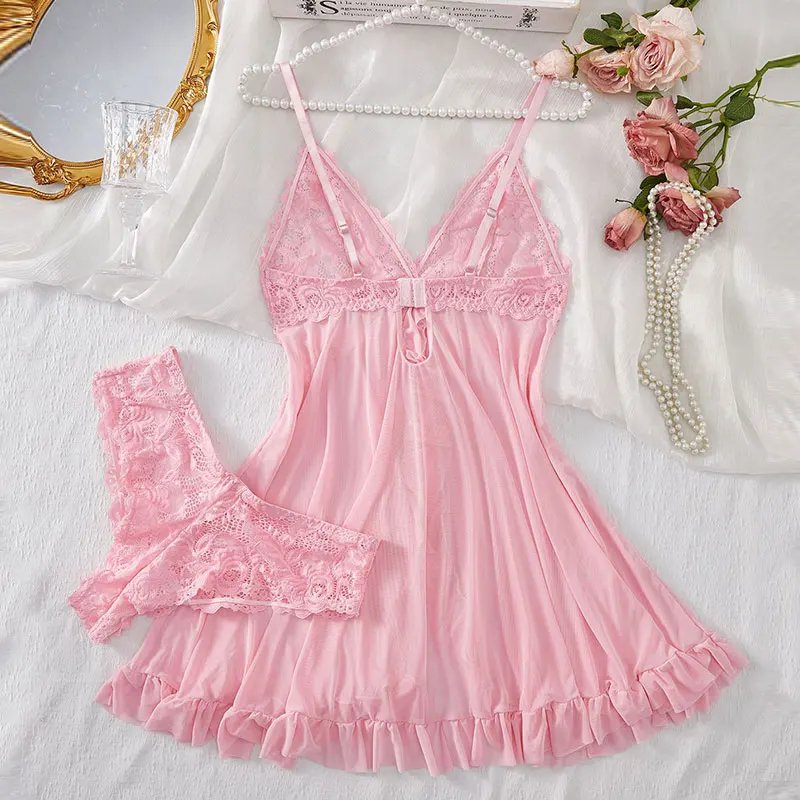 Victoria's Vogue Suspender Suit Summer Ultra-thin Nightgown Lace Thong Sets Women's Sexy Pyjamas Lingerie Hot Night Dress Comfortable Sleepwear